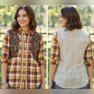 Gimmicks Vintage Western Yellow Plaid Back Chevron Lace button Down Shirt Size M